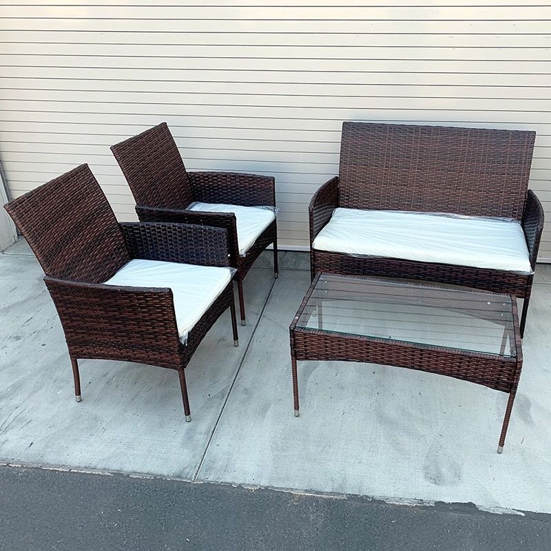 $190 (new in box) small outdoor patio set 4 pcs wicker rattan furniture seat sizes (37x19”, 19x19”) assembly required