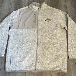 LA Lakers Antigua Fortune Full-Zip Fleece Jacket Heather Oatmeal Pockets Mens XL