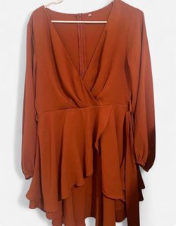 Burnt Orange V-Neck Long Sleeve Ruffle Hem Dress Size L