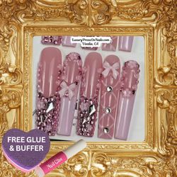 Long Pink Corset Lace Bow & Rhinestone Pink Press On Nails 10 Pc Sets - FREE GLUE & BUFFER