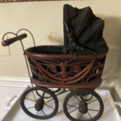 Antique Vintage Iron Wicker Wood Baby Doll Stroller 