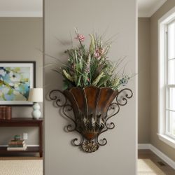 Decorative Metal Wall Pocket Planter with Artificial Floral Arrangement