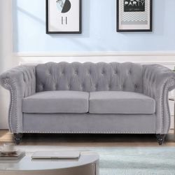64" Velvet Sofa, Chesterfield Tufted Upholstered 2 Seater Couch, Modern Loveseat Couch Classic Furniture for Living Room Bedroom (Gray)