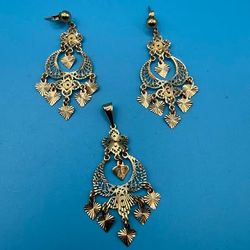 14K Gold Turkey Filigree Heart Dangle Earrings and Pendant Set