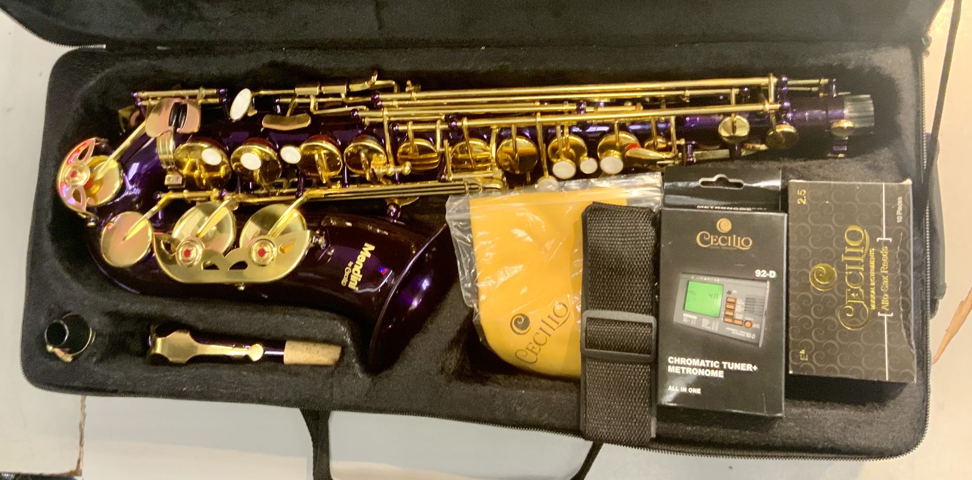 Mendini Cecilio Flat Alto Saxophone Sax Purple Lacquered MAS-PL Musical Instrument Music Beginner Horn Mouthpiece Tone Sound Hobby