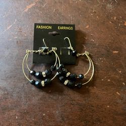 Vintage Gold-Tone Double Hoop Earrings with Black Faceted Beads & Rhinestone Spacers