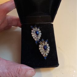 Pair Of Earrings Rhinestone Blue And Clear, 1 1/2/1”
