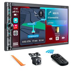 Double Din Car Stereo with Wireless Apple Carplay, Android Auto - 7 Inch HD Touchscreen, Bluetooth, Subw, Steering Wheel, MirrorLink, USB/SD/AM/FM Car