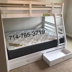 White bunk bed + 2 drawers + 2 mattress