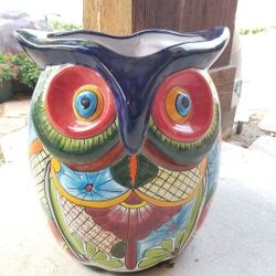 Talavera Owl Colorful Blue Rim Clay Pots, Planters,Plants $60 cada uno.