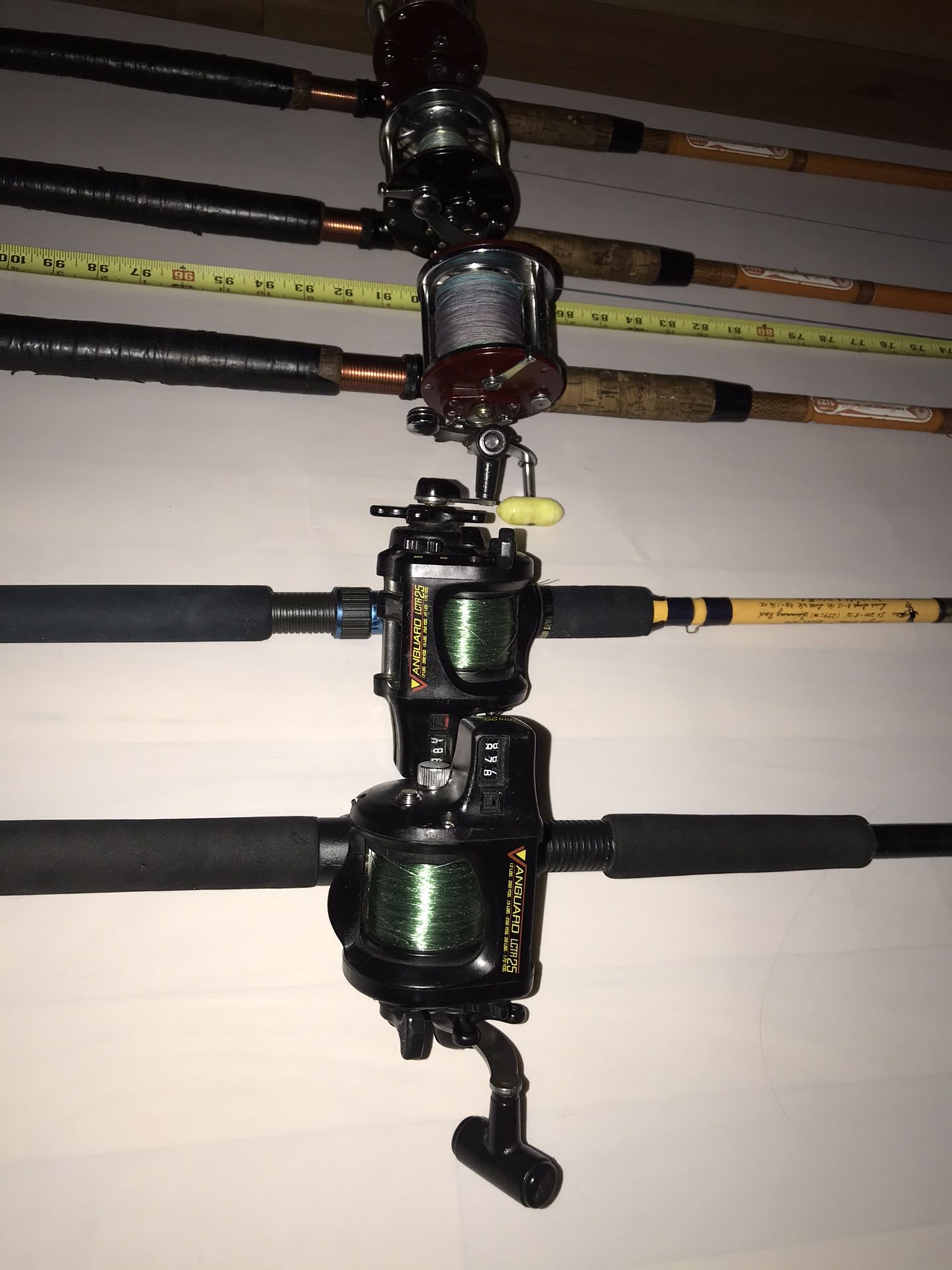 Trolling, downriggers,salmon,trout,walleye fishing rods with reels for