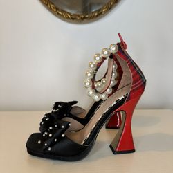 Unique Statement Heels with Pearl Ankle Strap and Bow – Size 37