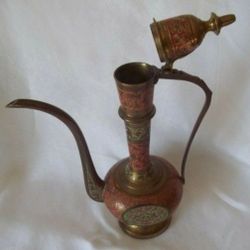 Vintage 70s Etched Brass Turkish Teapot with Rose & Green Design India 10"