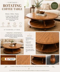 Vintage Rotating Coffee Table – 40" Round Lazy Susan Style Table