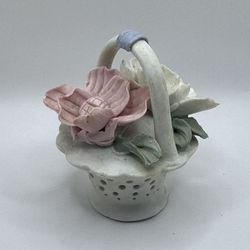 Vintage porcelain flower basket with white pink roses