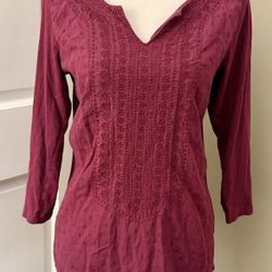 EDDIE BAUER Long Burgundy 3/4 Sleeve Embroidered Tunic Top Blouse Women's M