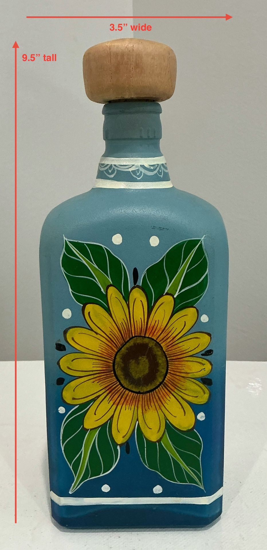 Sky Blue with Painted Sunflowers Glass Corked Bottle 