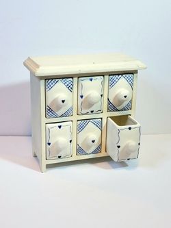 Vintage 6 Ceramic Drawer Wooden Cabinet with Blue Heart Motif