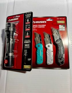 Husky 1200 Lumens Rechargeable Flashlight AND Husky 3pk Utility Set