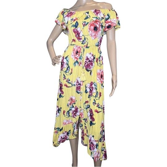 BAND OF GYPSIES Floral Maxi Dress Off Shoulder Ruffle High Low Hem Women's M