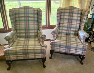 Plaid Wingback Chairs with Chippendale Legs