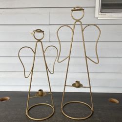 Gold Colored Metal Christmas Holiday Angel Candle Holder set of 2