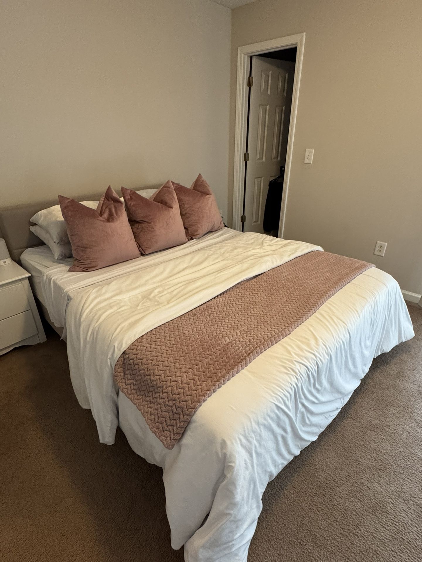 BED FRAME with Headboard, Queen, Beige