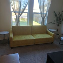 Furniture 80" Golden Yellow Velvet Tufted Twin Convertible Sofa Bed with Wooden Legs