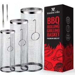 BBQ Net Tube-Rolling Grilling Basket,Rolling Grilling Baskets for Outdoor Grilling,Round Stainless Steel BBQ Grill Mesh, Camping Barbecue Rack for Veg