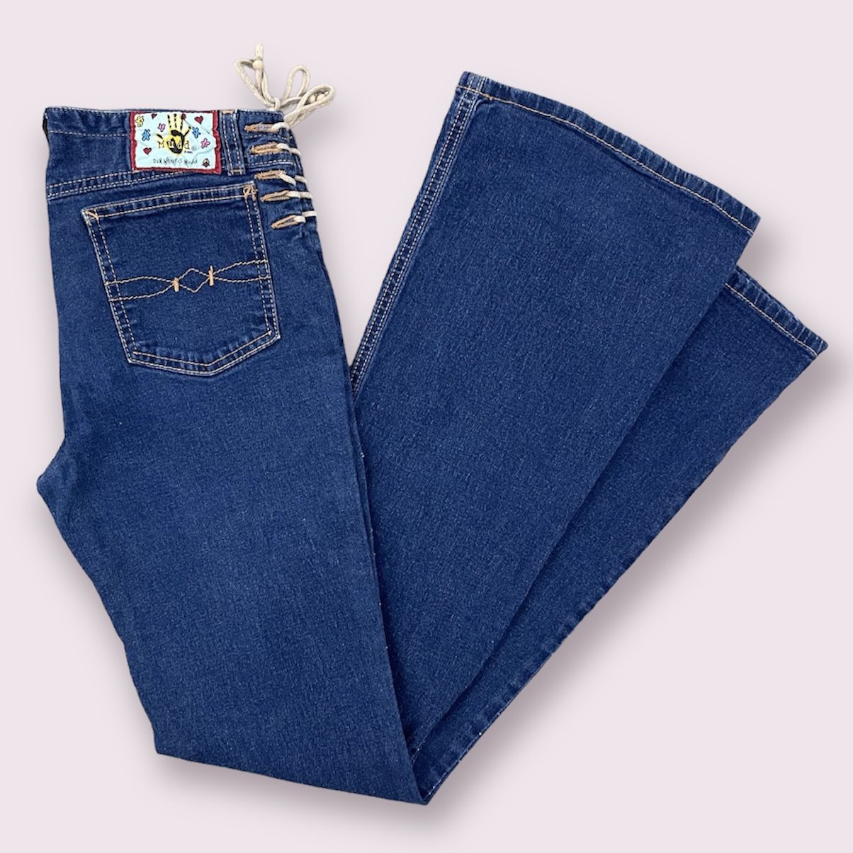 MUDD Vintage Y2K 2000’s Dark Blue Denim Lace Up Hips High Rise Flare Leg Jeans