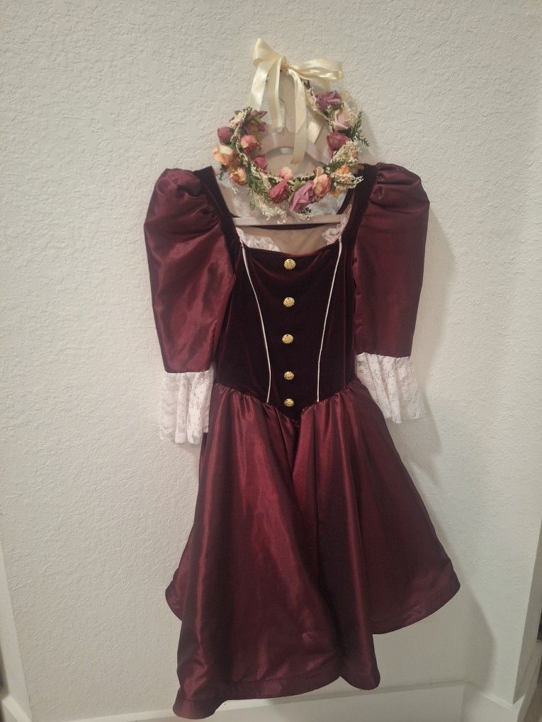 Renaissance Princess Costume Dress with Floral Crown – Stretchy Fabric, Size Approx. 54cm Waist