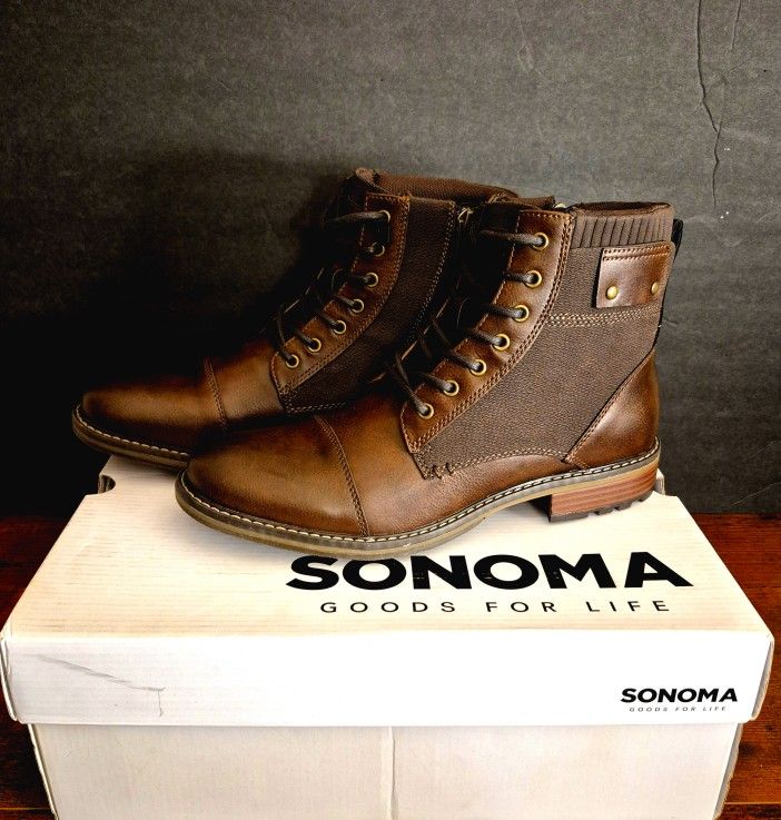 Sonoma Men's Brown Leather Boots Size 9 Lace-Up Zip Casual Rugged Work Style