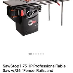 SawStop 1.75 HP Professional Table Saw w/ 36’’ Fence, Rails & Extension Table + Industrial Mobile Ba