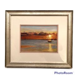Vintage 80’s Pastel SUNSET Fine Art Seascape Sailboats Ocean Framed Signed