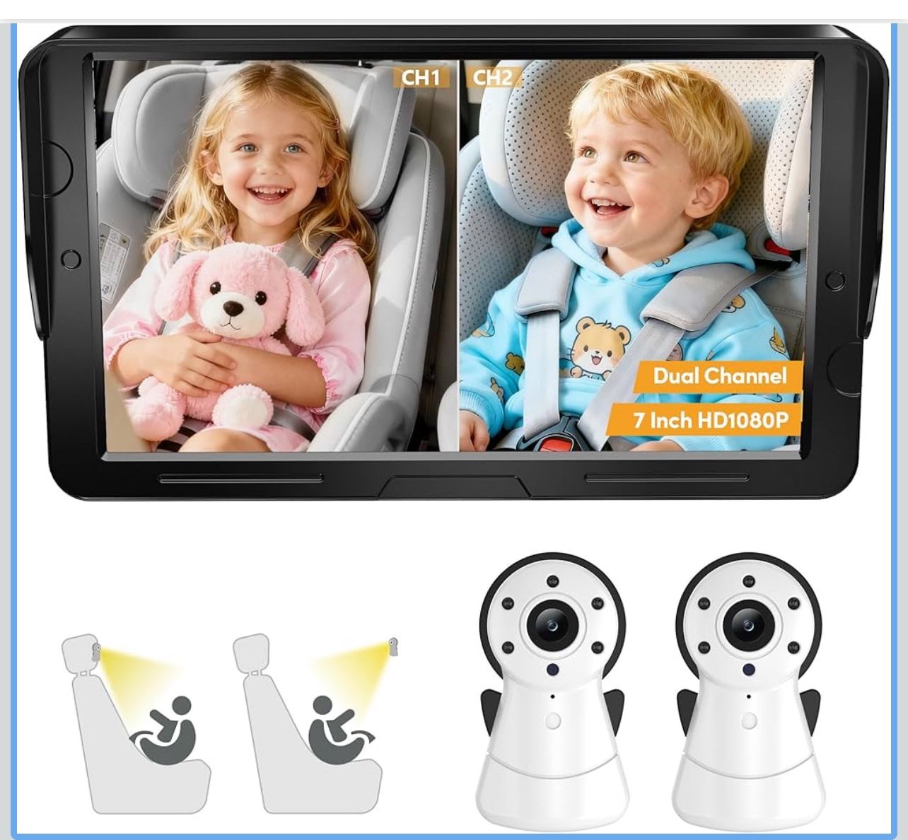 New-2-Kids Baby Car Camera Dual Monitor – 7 Inch Display with Two Rear Facing Car Seat Cameras, 1080P HD Night Vision IR-CUT, USB Powered Plug and Pla