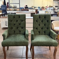🔥Set of 2🔥Upholstered Dining Chair, Chenille Fabric Tufted Dining Room Chair with Curved Solid Wood Legs, Modern Accent Dining Chair with Arm, Armch