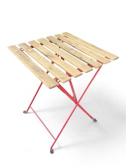 Folding Bistro Table Wood Slat Red Metal