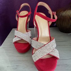 Red with Silver Embellishments - Size 6 - Crisscrossed Straps,  Block Heeled Platforms