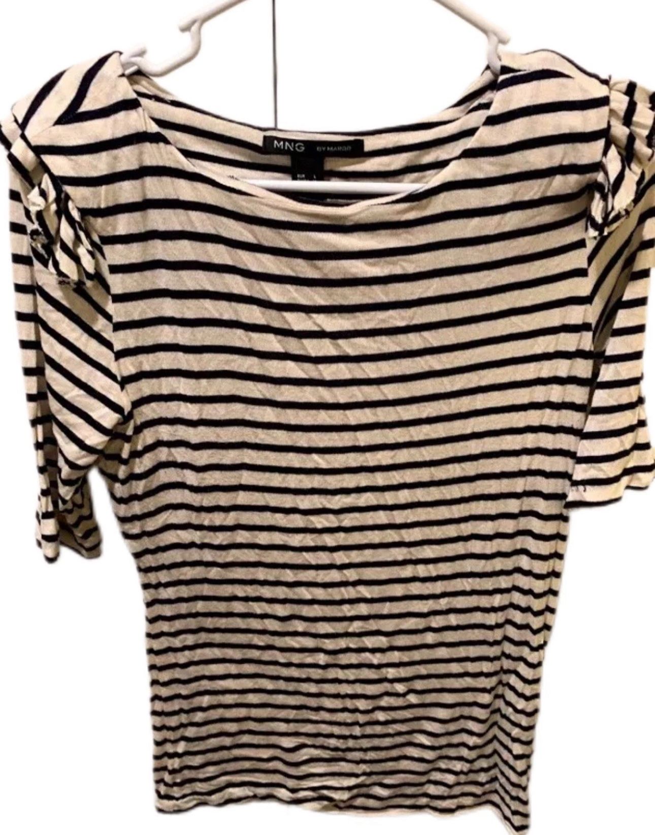 Mango Ruffle Sleeve Striped Short Sleeve Shirt Womens Medium Blouse Top