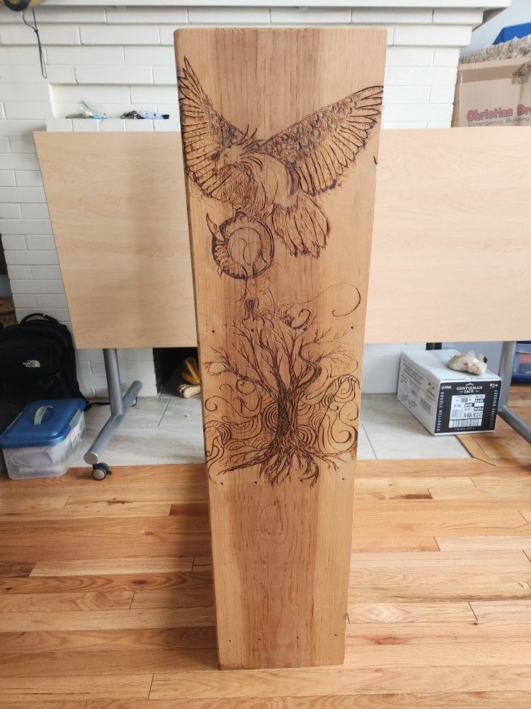 Bookshelf With Original Wood-burned Art Detail