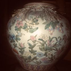 Vintage Asian Floral Vase. Approximately 10”in height, about 10” width and  opening about 4 1/2”. Perfect Condition 