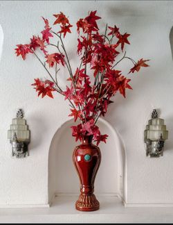 brown and red vase mantle piece with brown and red leaves
asking $25 or best offer