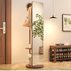 Wood Full Length Mirror 69” with Hooks & Hidden Storage, 3-in-1 Coat Rack