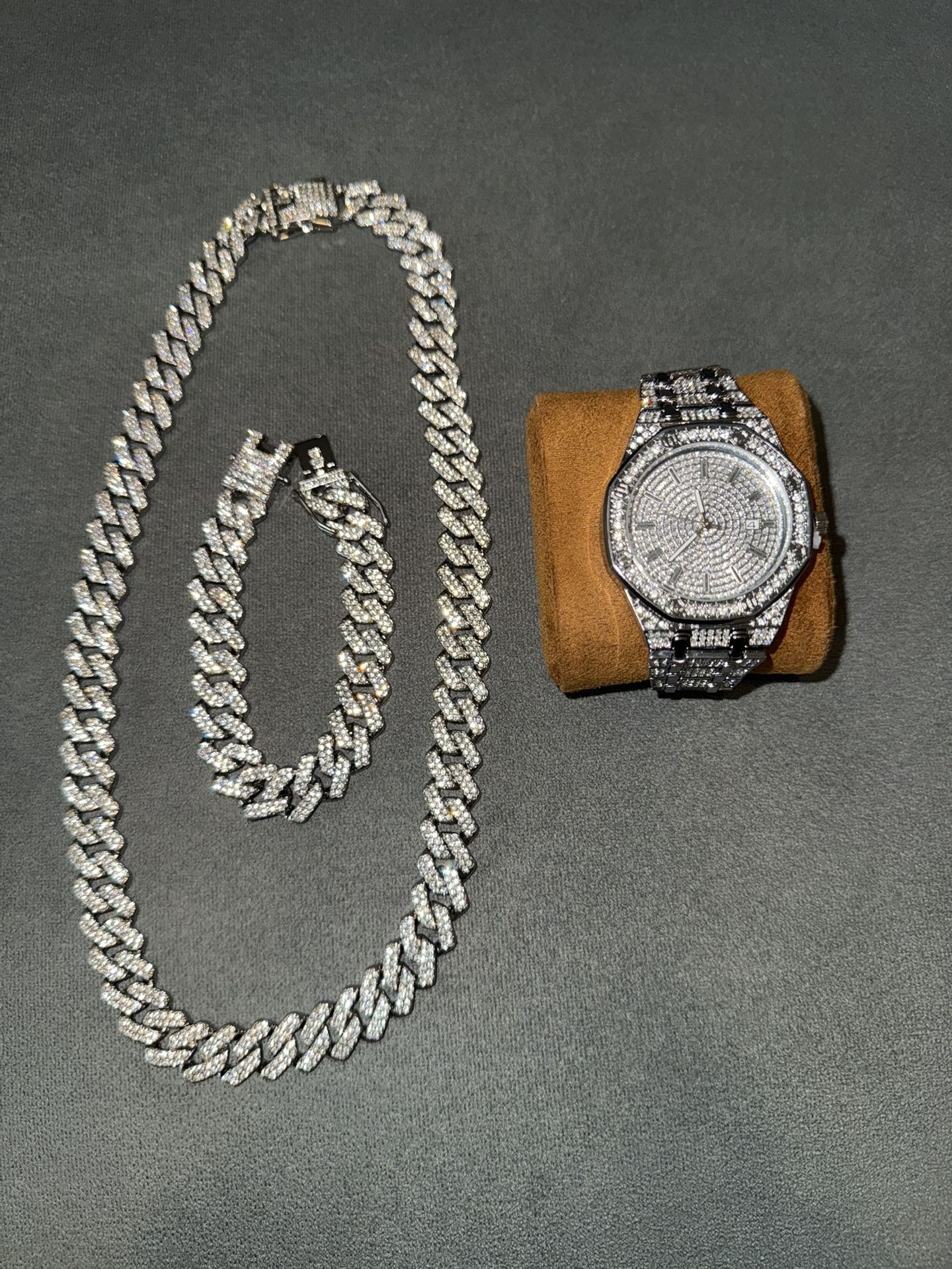 Iced Out White Gold Cuban Link Chain, Bracelet, & Watch Bundle