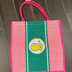 Masters Pink Circle Logo Pattern Jute Shopper Tote Bag with Large Green Stripe