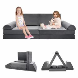 10-Piece Kids Couch Sofa Modular Toddler Couch for Playroom 63 in. L Fold Out Couch Set for Kids, Gray