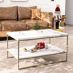  2 Tier White Faux Marble Print Coffee Table