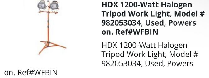 HDX 1200-Watt Halogen Tripod Work Light, Model # (contact info removed)34, Used, Powers on.