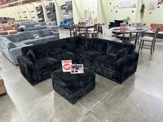 Black Corduroy Sectional Sofa with Ottoman