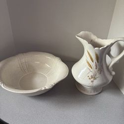 Vintage Treasure Craft Wheat Pitcher & Bowl Farmhouse Ceramic Wash Basin
